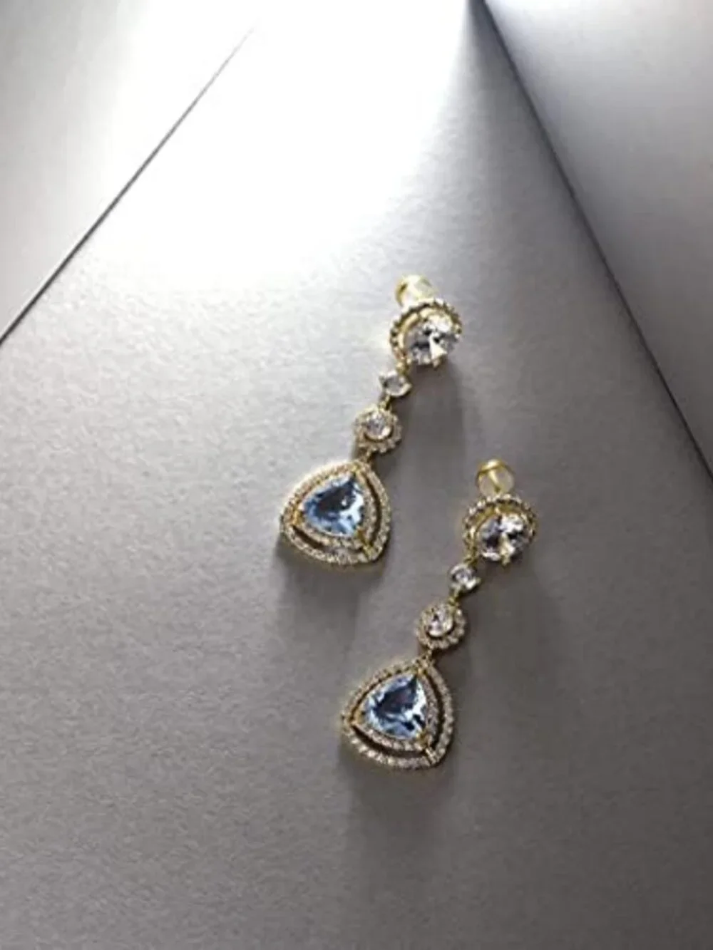 Trendy Gold Dangle Earrings with Sky Blue Aquamarine, Drop Chandelier Style